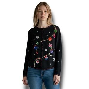 Pappagallo Women’s Ugly Christmas Cardigan Sweater VTG 90s Black Embroidered S